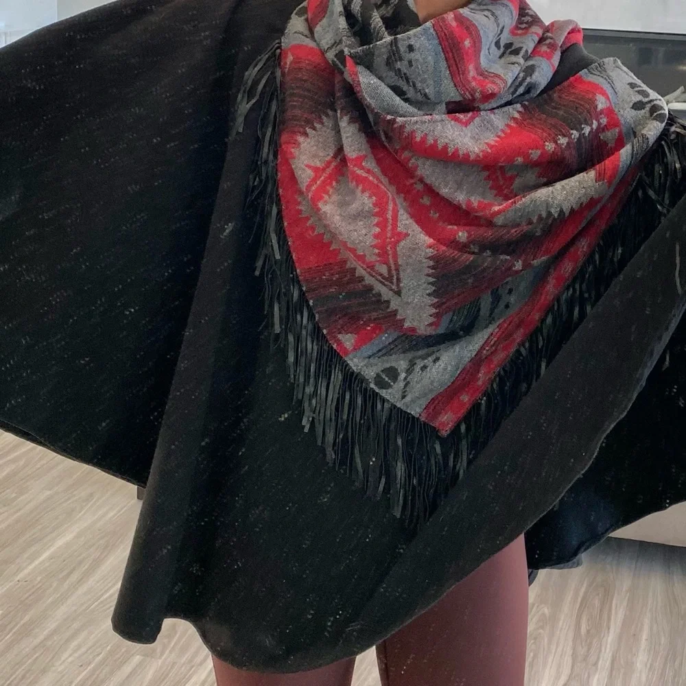 Pendleton Black Cape with Red and Gray Southwestern Shawl - Picture 7 of 7
